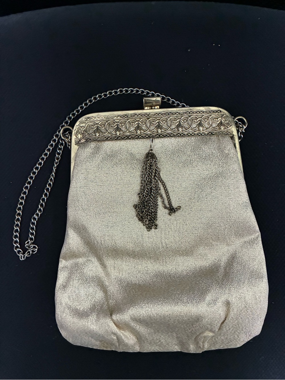 Vintage 1950s Silver Lamé Evening Bag Ornate Filigree Metal Frame Tassel Purse